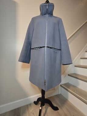 Emporio Armani Blue Funnel Neck Zip Coat 95% Wool Unique Luxury